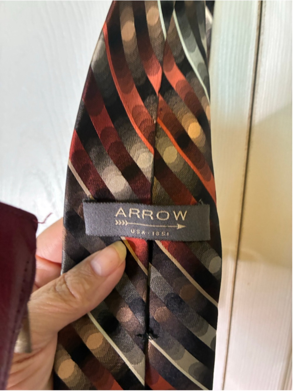 Men's Arrow Silk Tie One Size Black and Red Striped Pattern - Picture 3 of 5